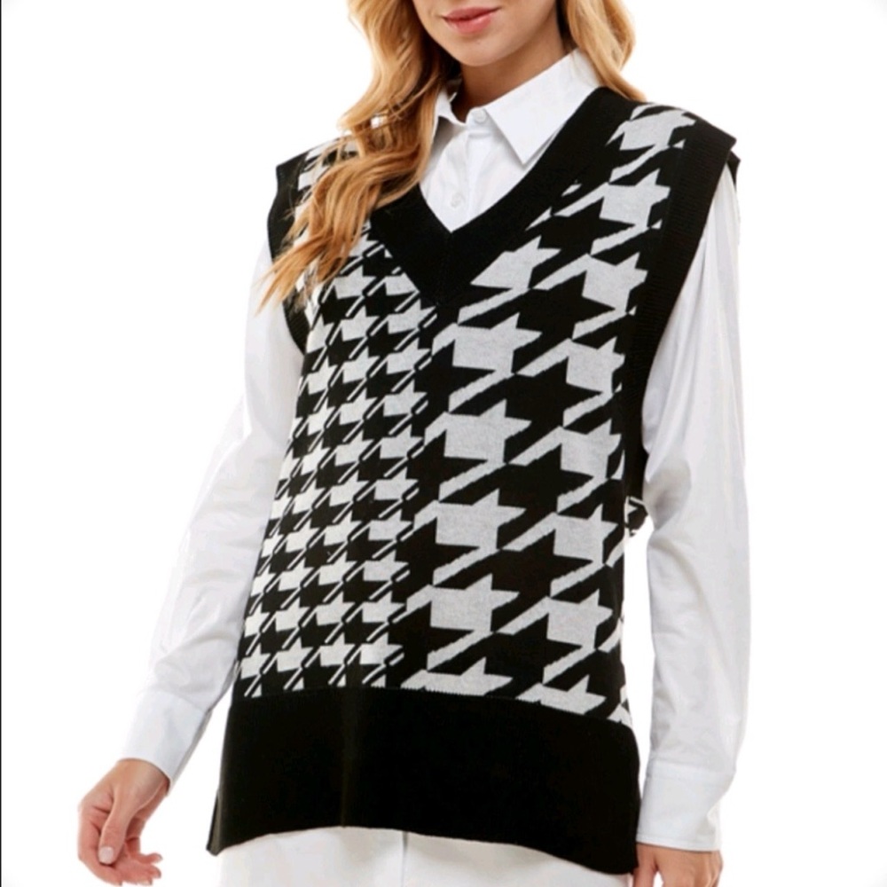 Kingston Grey Sleeveless Houndstooth V-Neck Sweater Vest Pullover Women Sz L 273